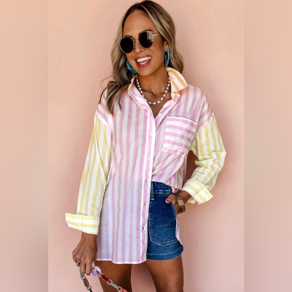 Other - Kayla- striped contrast collar long sleeve top